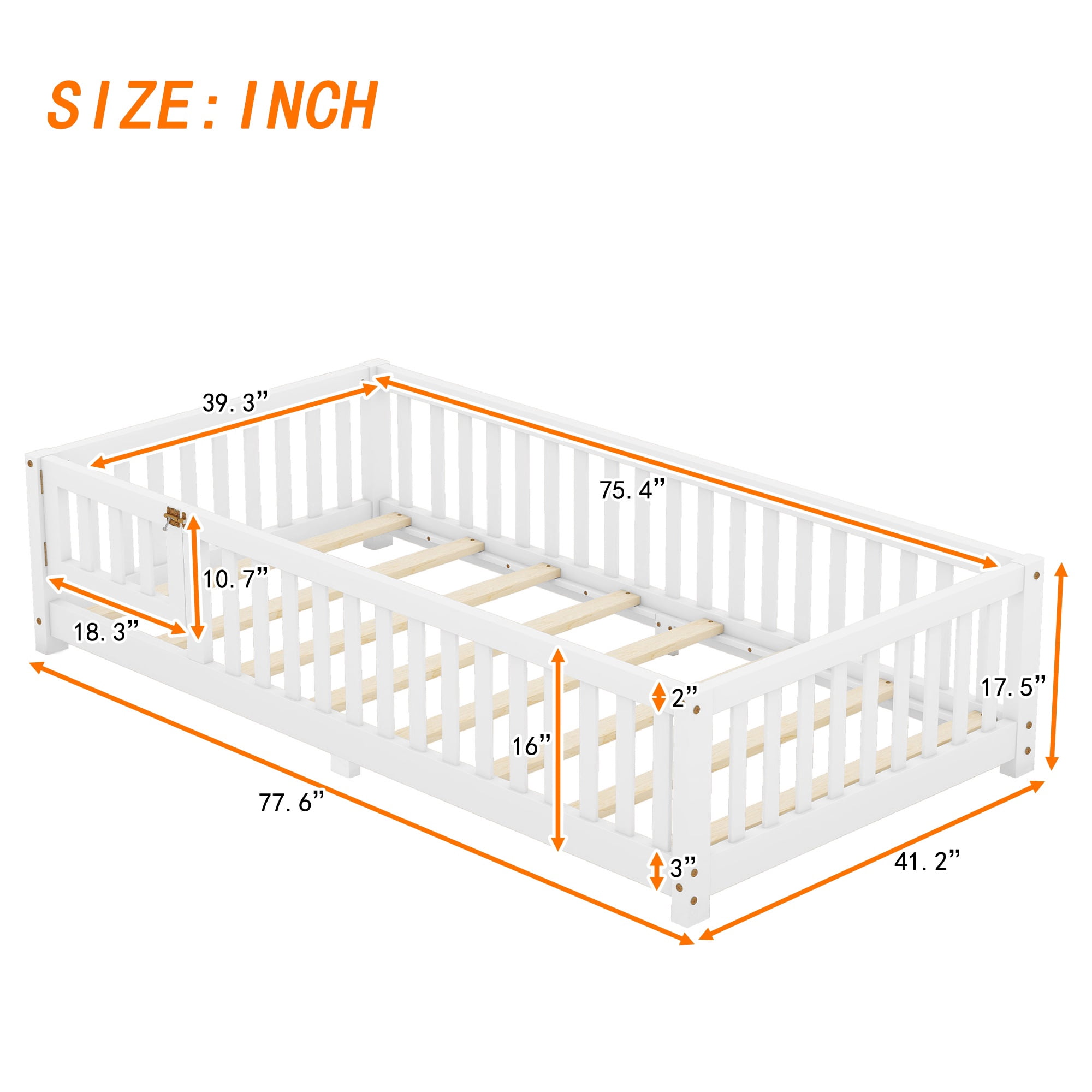 Floor Bed with Safety Rails & Fun Door, Low Profile Bed, Gray Solid Pine Wood, Easy Assembly,Twin Size