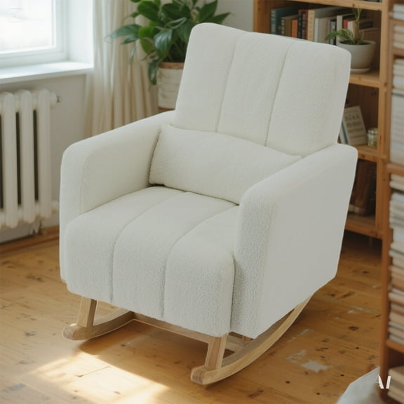 YIYADO Rocking Chair in Teddy Velvet with Pillow, Cream White High-Back Accent Chair for Living Room, Nursery & Bedroom