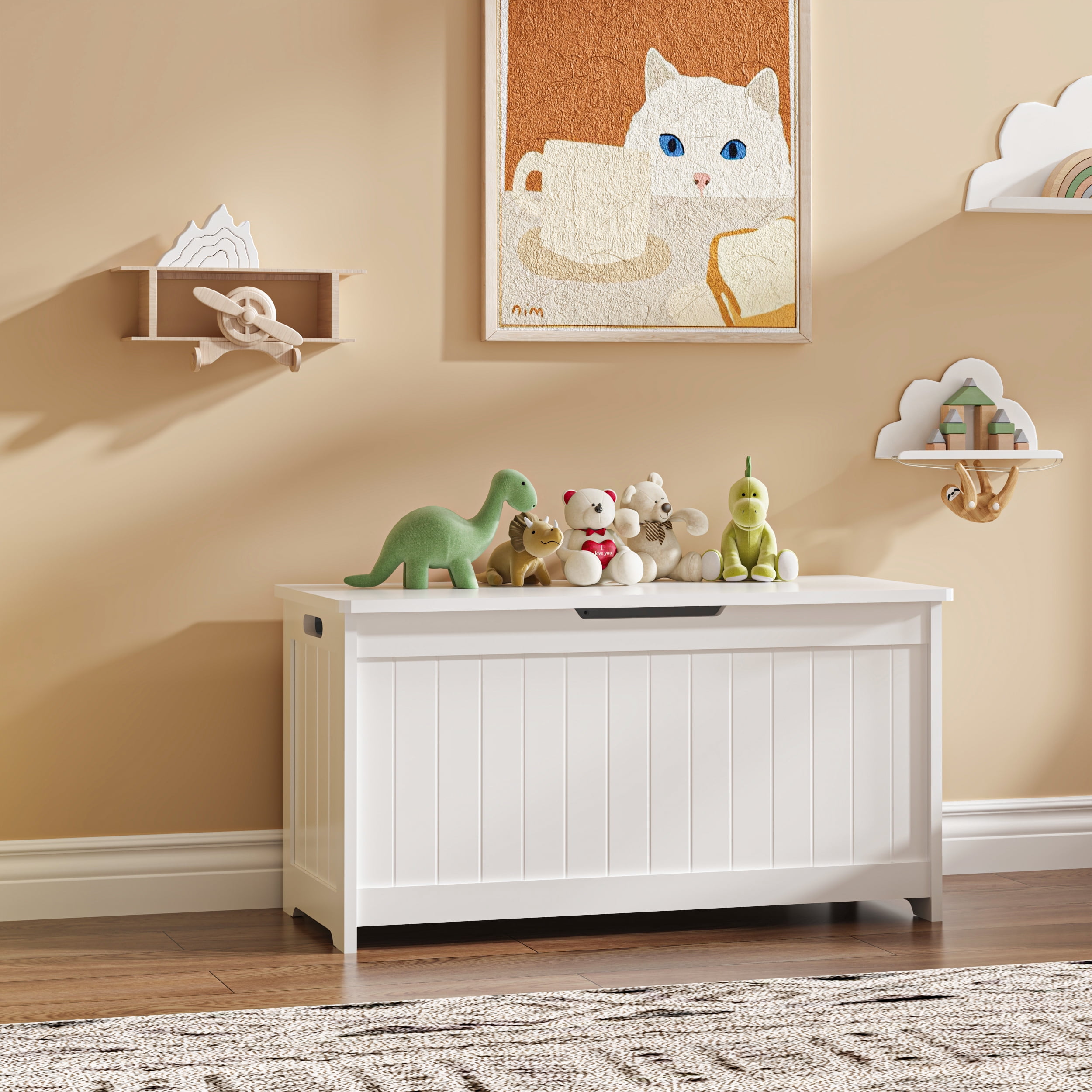 Kids Toy Box, White Wooden Toy Chest Organizer with Safety Hinged Lid, Entryway Storage Bench Supports 100 lbs, Toy Storage Chest for Bedroom, Toddler Room