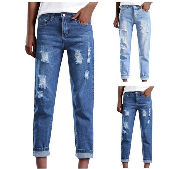 FRSASU Straight Leg Jeans for Women Trendy Cropped High Waisted Cuffed Hem Stretchy Capri Jeans with Pockets Light Blue