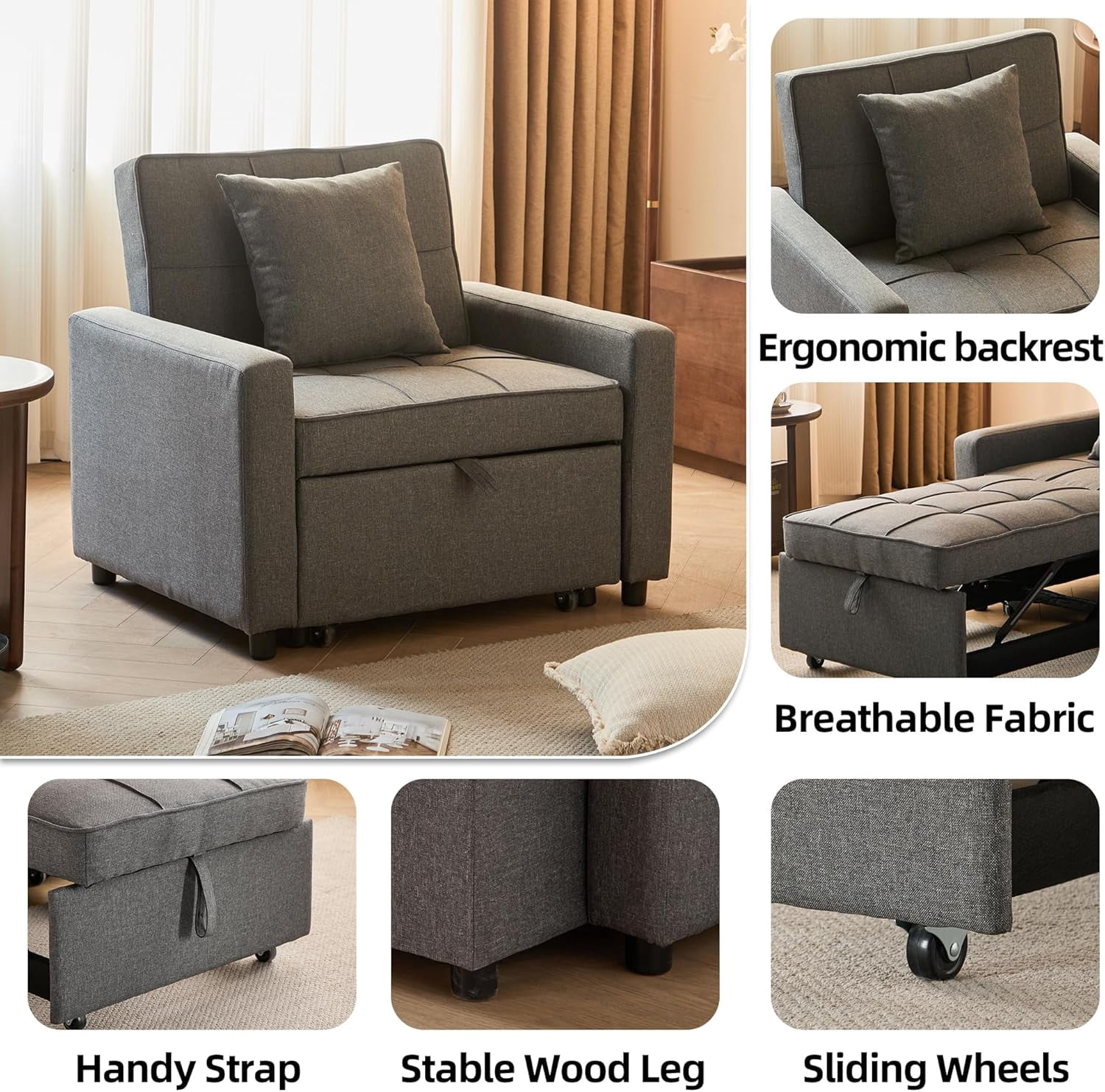 Gewnee 3-in-1 Convertible Chair Bed, Fabric Single Sleeper Sofa Bed with Adjustable Backrest, Perfect for Dorms, Offices and Small Apartments, Dark Gray