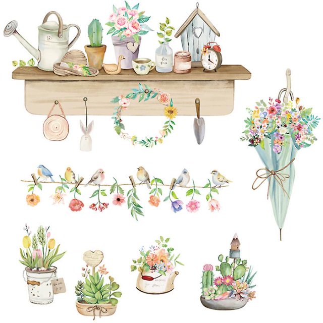 Conjunto de pegatinas de pared ZHCH pájaros flores en macetas Decoración de pared para sala de estar dormitorio oficina