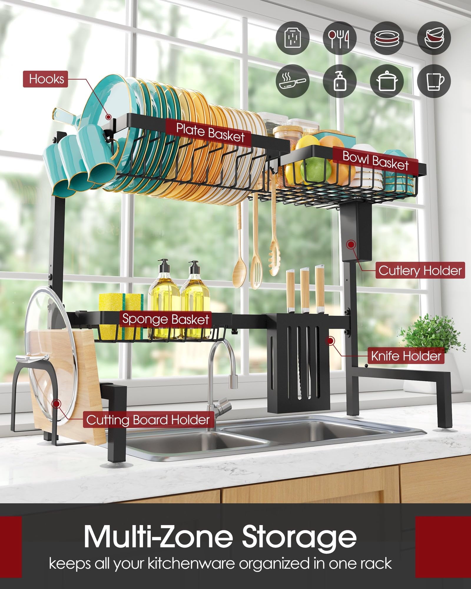 Over The Sink Dish Drying Rack - Adjustable 2 Tier Large Capacity Stainless Steel Drainer With Cutlery & Utensil Holders  Kitchen Storage Organization 30"-33.9" L X 11" W 21.5" H Black