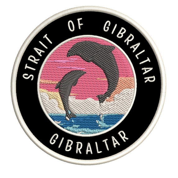 Strait of Gibraltar Dolphin Sunset 3.5 Inch Iron Or Sew On Embroidered Fabric Badge Patch Ocean Beach, Salt Life Iconic Series