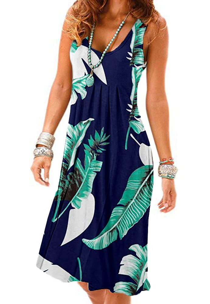 Summer Tank Dresses for Women Casual Knee Length Beach Dress Sleeveless Soft Floral with Print