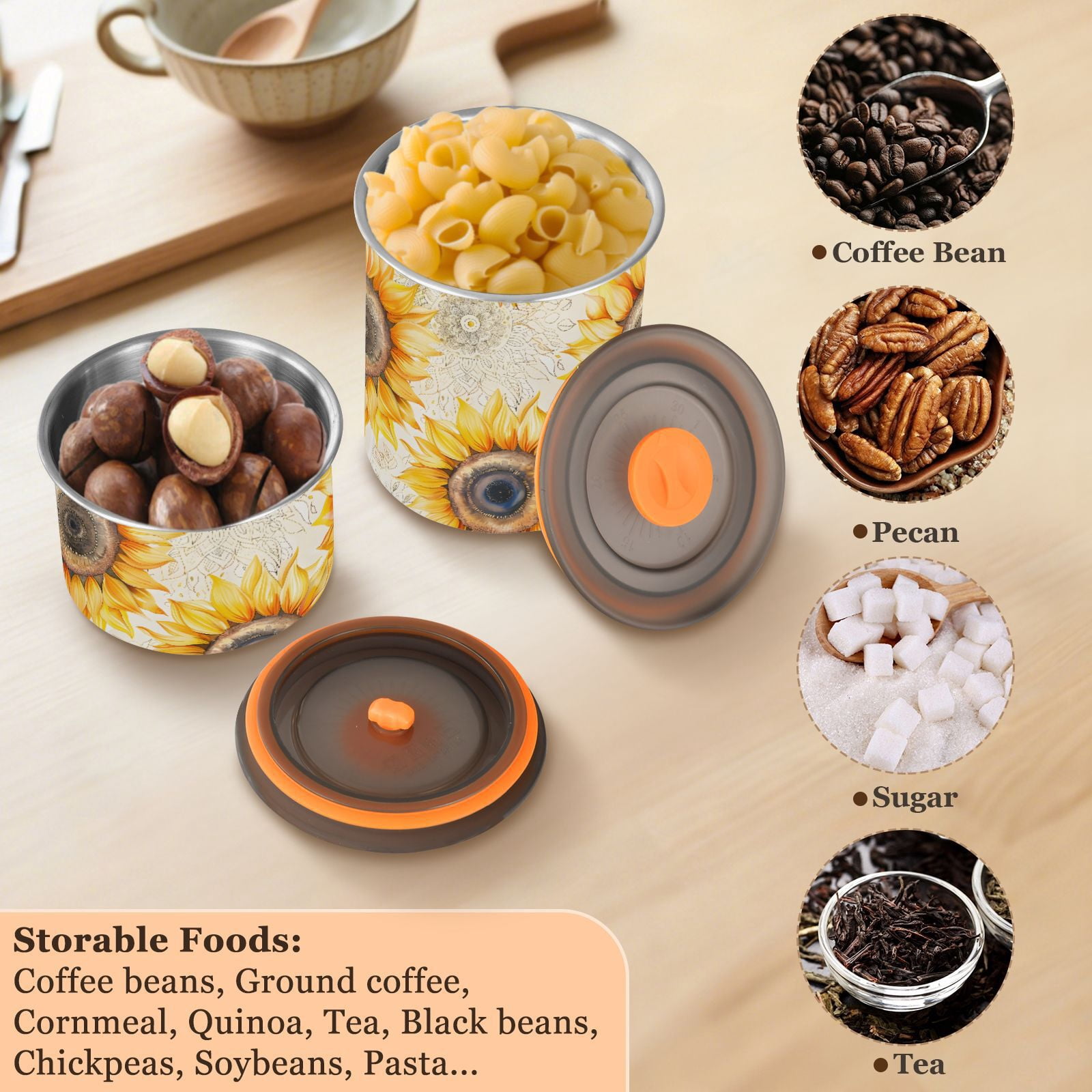Sunflower Mandala Airtight Coffee Bean Canister 30oz Food Storage Containers with Lids For Gournd, Tea, Sugar, Flour, Rice, Cereal, Candy Cookie Jar