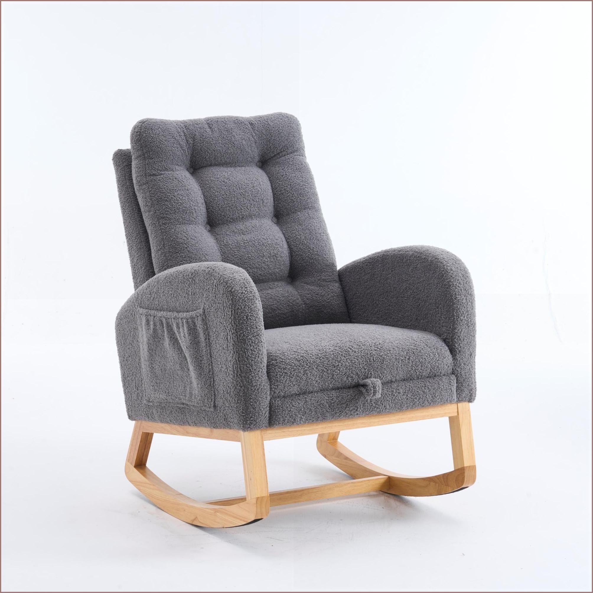 Rocking Chair with Footrest & Side Storage Pocket, Dark Gray High Back Upholstered, Rubber Wood Legs | Casual | Rubberwood