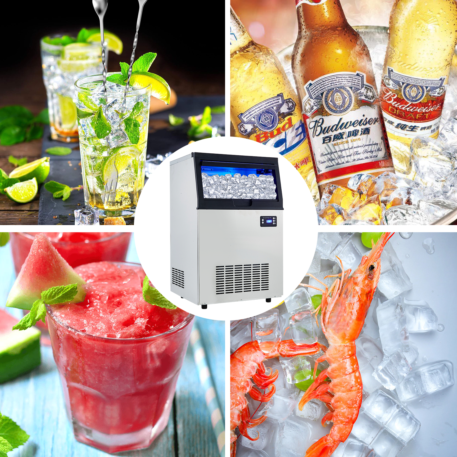 High Efficiency Commercial Ice Maker – 100lbs/24H Output, 33lbs Storage, Freestanding Stainless Steel, Makes 50 Cubes in 8-15 Mins, Under Counter, 2 Water Inlet Modes, Water Filter & Scoop Included