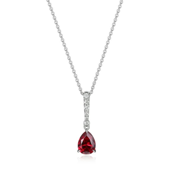 Forever Facets Jewelry Platinum Over Sterling Silver Created Ruby and 1/10th Carat Total Weight Lab Grown Diamond Pear Linear Tear Drop Necklace (H-I Color, I1 Clarity)