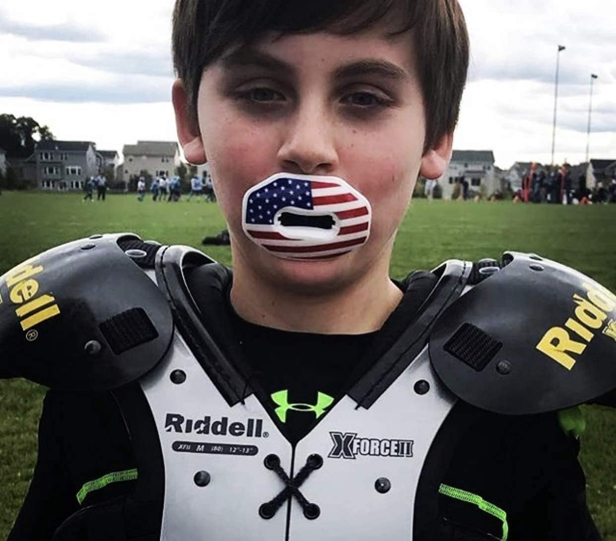 Flag Football Mouth Guard with 3D LipFit Design for Kids - Youth Tackle Football Mouthguard (No Boil) Cool Instant Fit Lip Guard Mouthpiece for Braces (Detachable Helmet Strap Included)