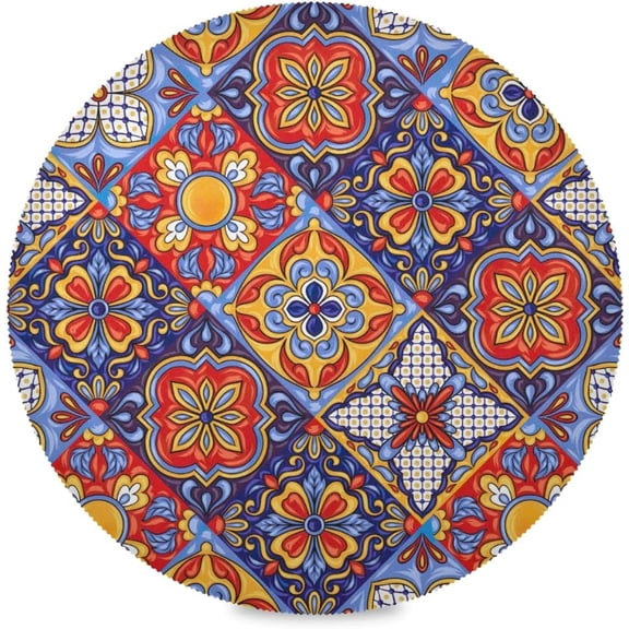 60"X 60" Mexican Tile Style Elastic Fitted Edged Round Tablecloth Fade Resistant Anti-Shrink Table Cloth Washable Table Cover for Banquet Home Indoor or Outdoor