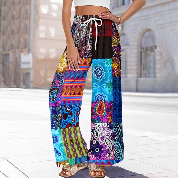 Summer Bohemian Wide Leg Lounge Pants Women Retro Patchwork Print Elastic Drawstring Waist Flowy Palazzo Pants with Storage Pockets Blue L