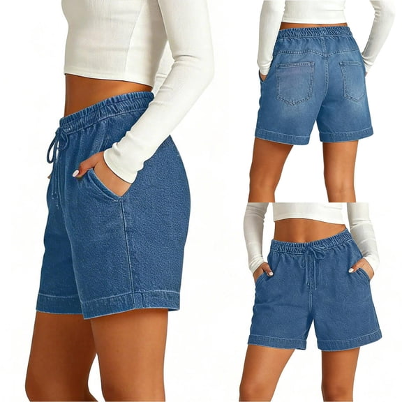 HBYJLZYG Women's Denim Shorts with Drawstring Elastic Waist and Deep Side Pockets, Relaxed Loose Fit, Lightweight Summer Casual Everyday Wear in Stretch Cotton Blend