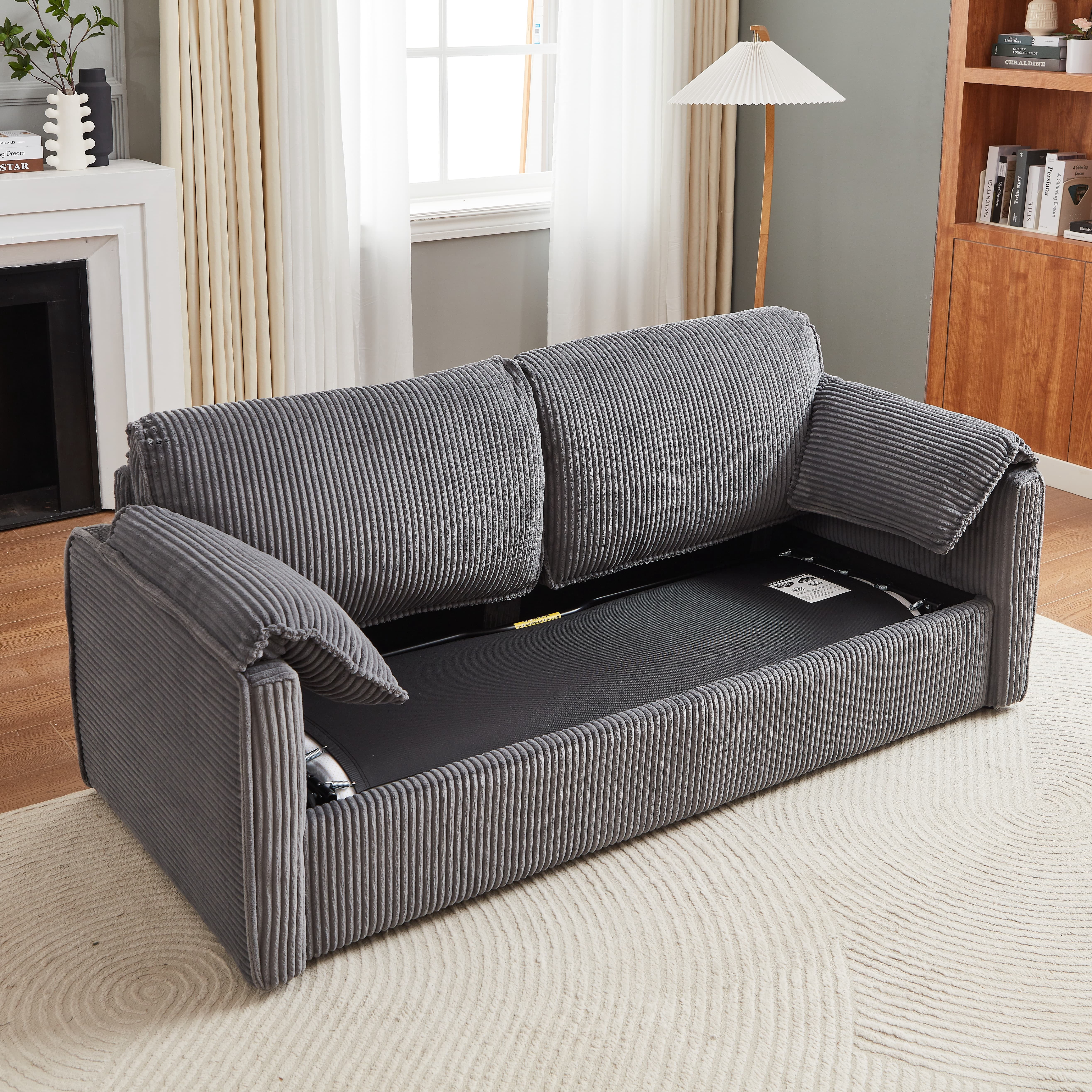 MAYEERTY Modern Corduroy Sleeper Sofa Bed, Pull Out, Multi-Functional Recliner Couch Bed for Living Room, Gray