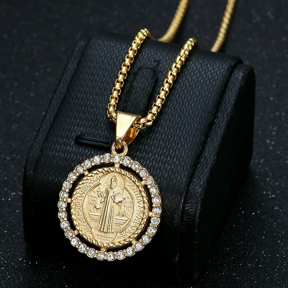 Large Round San Benito Necklaces for Women 14K Yellow Gold CZ Crystal Necklaces Amulet Gold Silver Color Jewelry Gifts