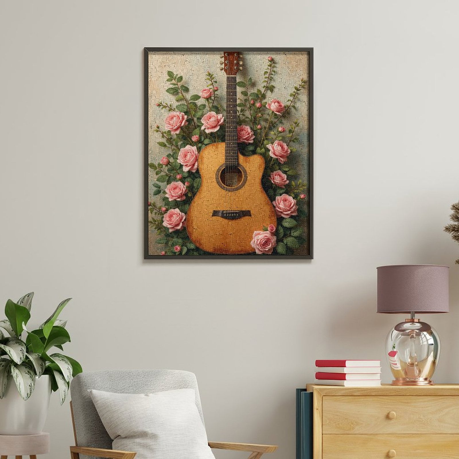 Paint by Numbers Kit for Adults, Guitar Surrounded By Pink Roses Paint by Numbers, Easy Paint by Numbers Kit for Adults Beginner, DIY Adult Paint by Number Kits on Canvas, Home Decor