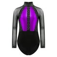 thumbnail image 2 of YiZYiF Kids Girls Long Sleeve Metallic Shiny Ballet Dance Leotard Gymnastics Figure Skating Bodysuit Purple 16, 2 of 7