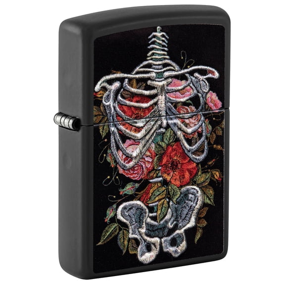 Zippo Lighter: Skeleton and Flowers, Texture Print - Black Matte 81474
