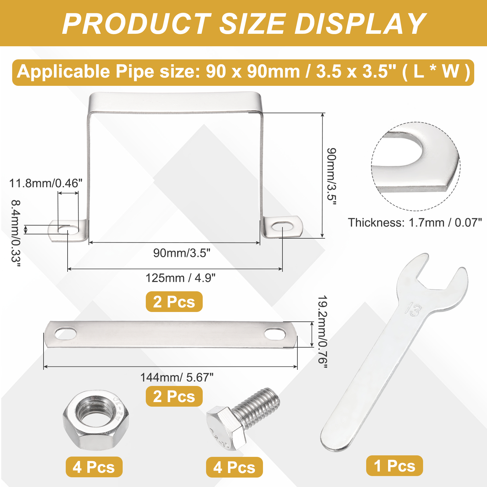 Uxcell 2Pcs U Shape Square Tube Clamp, 90x90mm U Shaped Bracket 304 Stainless Steel Square Strap Clamp with Bolt Plate Nuts and Wrench for Pipes Door Closed Bar Holder Railings