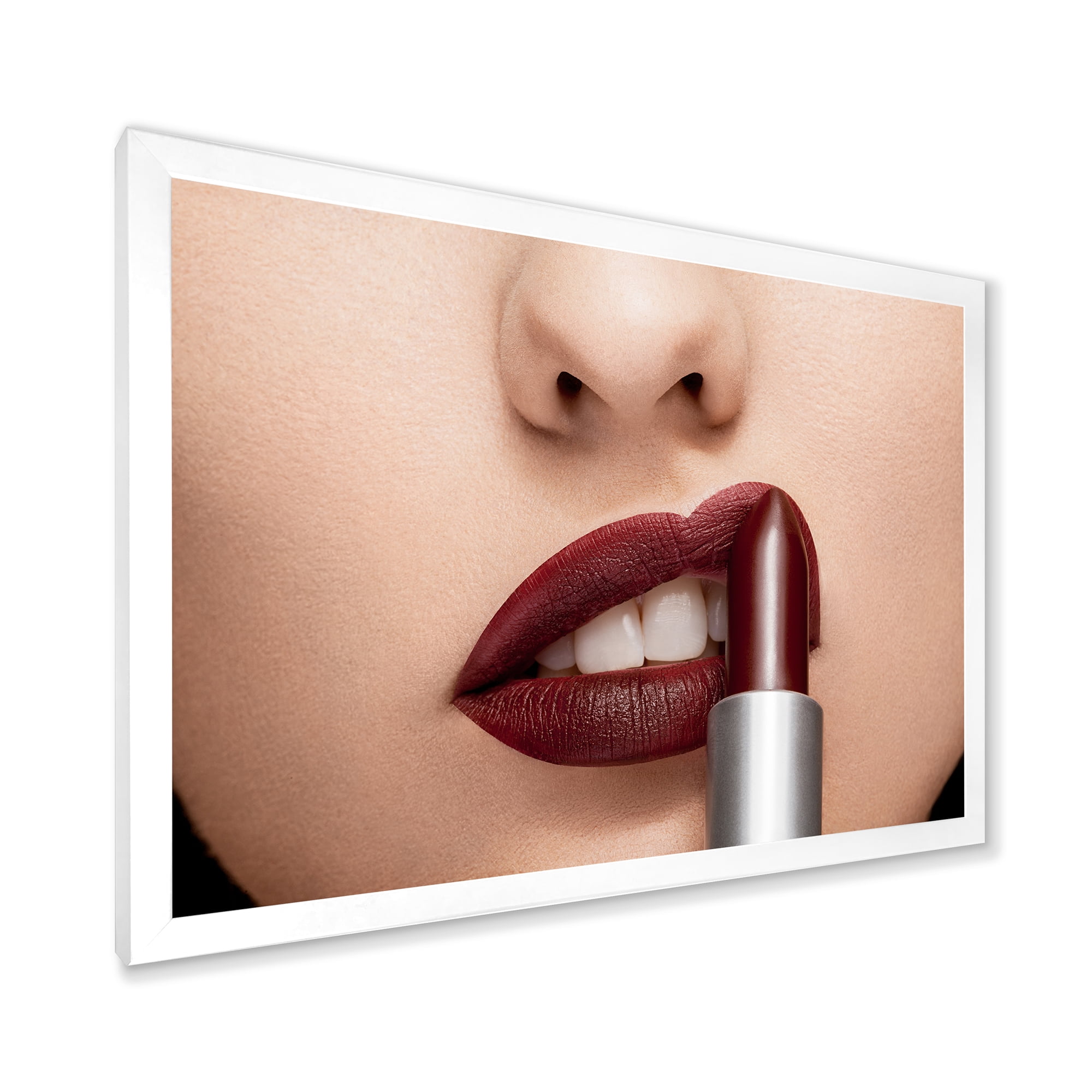 Designart 'Woman Applying Red Lipstick On Lips II' Modern Framed Art Print