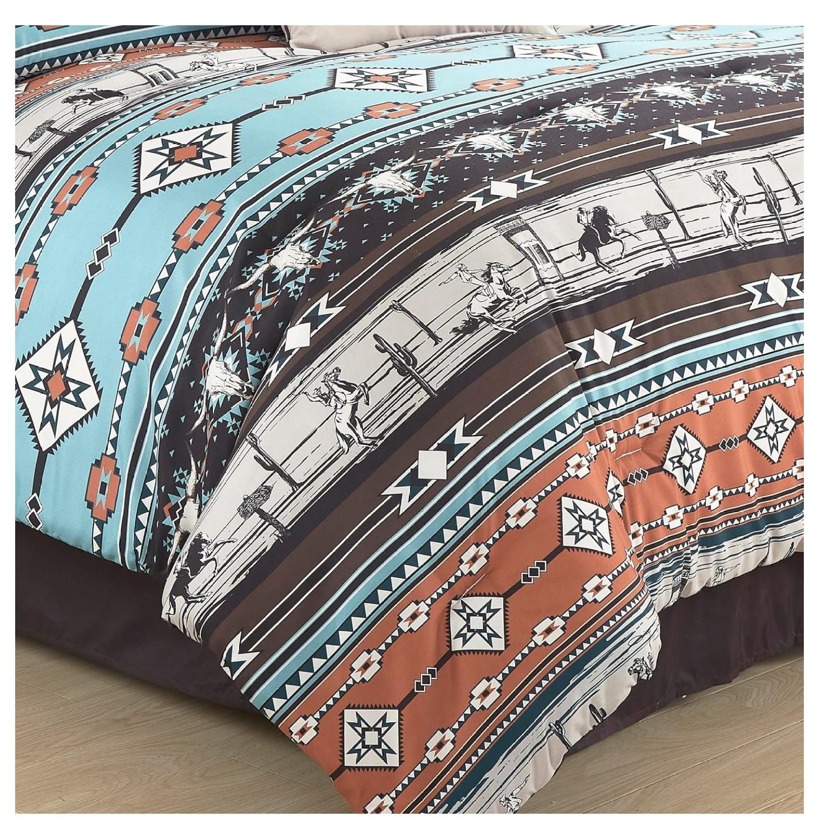 KeLiang Sawyer 3-Piece Southwestern Rodeo Comforter Set - Multicolor Blue Brown Beige Clay Printed Washed Microfiber Bedding, Queen