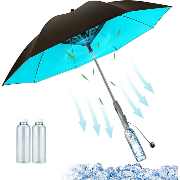 portable sun umbrella, built-in cooling fan, mist spray function, UV protection shade, rechargeable battery powered, includes water bottle, beach accessories, outdoor patio gear, golf equipment