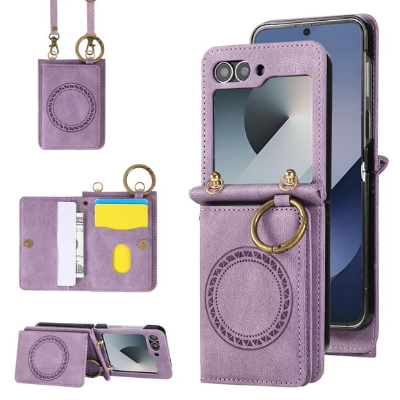 Decase Wallet Case for Samsung Galaxy Z Flip 5, Crossbody Leather Phone Case with Kickstand and Card Slots, Magnetic Closure, Car Mount Compatible,Purple