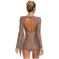 thumbnail image 3 of TiaoBug Women's Long Sleeve Tassel Fringe Bodysuit Rhinestones Gymnastics Leotard Rumba Tango Latin Dance Tops Dusty Pink XL, 3 of 6