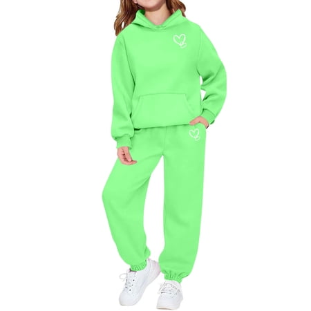 IVEYRTF Girls Fashion Cute Heart Print Hooded Sweatshirt Set Long Sleeve Crew Neck Tops with Pants Fall Winter Fleece Lined Sporty Two Piece Outfit for Kids(Mint Green 10-11 Years)