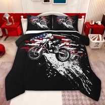 jejeloiu American Flag Print Queen Comforter Set,Vintage Dirt Bike Bedding Comforter Set For Boys Men Reversible 3 Pieces