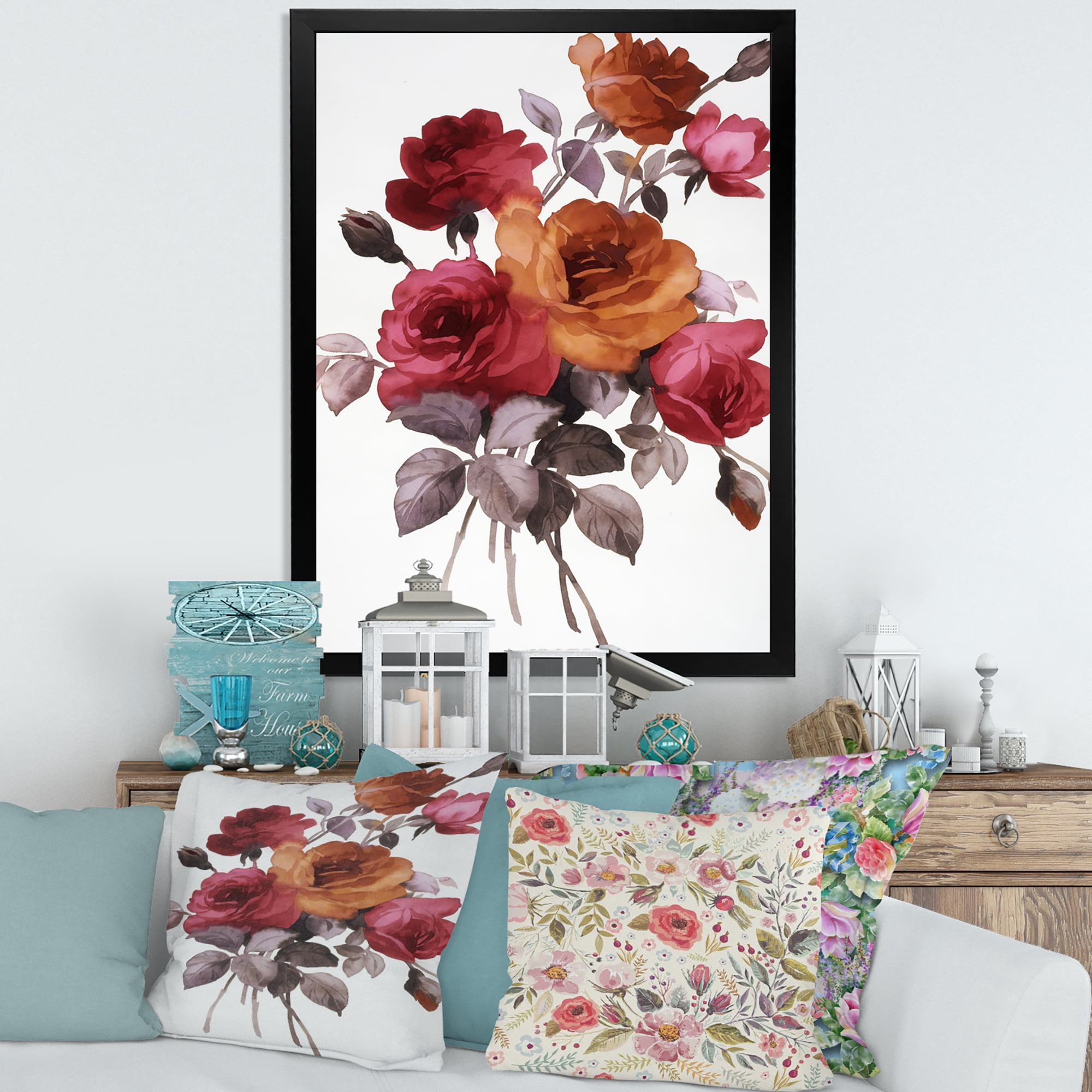 Designart 'Vintage Red and Orange Roses' Traditional Framed Art Print