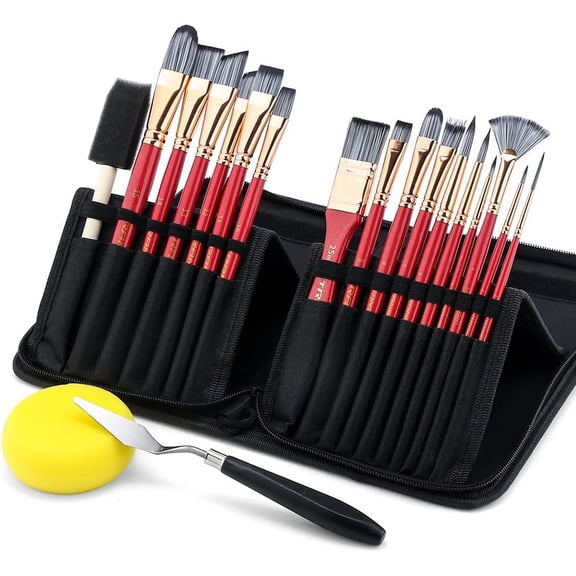 Transon Art Paint Brush Kit 16 Paint Brushes with Foam Brush Sponge Spatula and Brush Case for Oil, Acrylic, Watercolor, Gouache, Painting Pink Color