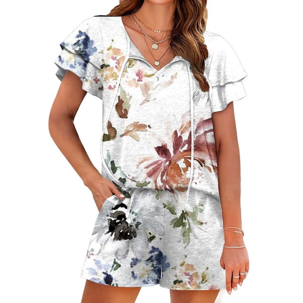 Puntoco Pantalones Cortos De Moda para Mujer Traje Informal De Manga con Volantes Estampado De Dos Piezas Liquidación Puntoco Puntoco-2448
