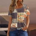 thumbnail image 2 of Women's Shirts Summer New Square Collar Short Sleeved T-Shirts Fashion Full Floral Printing Front Pleated Blouses Top Button Casual Loose Pullover Tops, 2 of 5