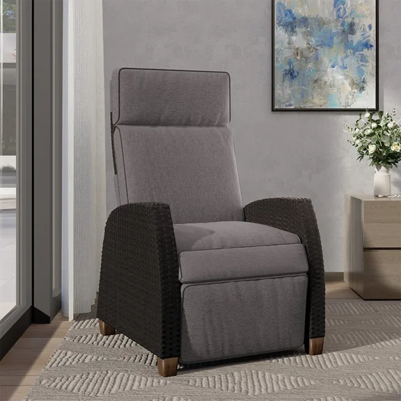 EVERITE Patio 150° Lay-Flat Wicker Recliner，Indoor/Outdoor Lounge Chair with Flip-up Side Table & Air Pump, Dark Gray
