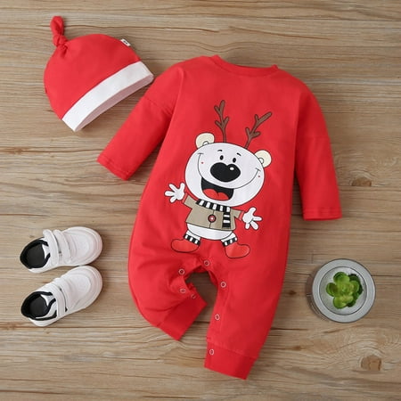 

Leutsin Newborn Infant Baby Boys Girls Christmas Cartoon Print Romper+Hat Outfits Set