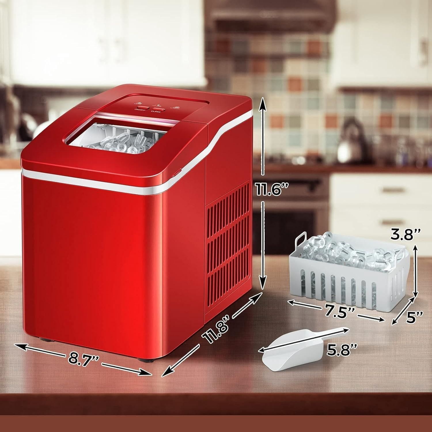 Portable Ice Maker Machine for Countertop, Ready in 8 Mins, 26LBS/24H, Electric Ice Maker with Scoop and Basket for Home, Office, Party, Bar (Red)