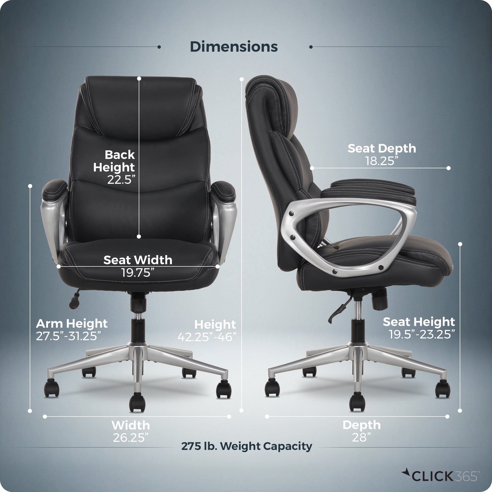 Click365 Classic Comfort Mid-Back Manager Office Chair, PU Leather Desk Chair with Padded Arms, Adjustable Height & Tilt, 275 lb Capacity, Black