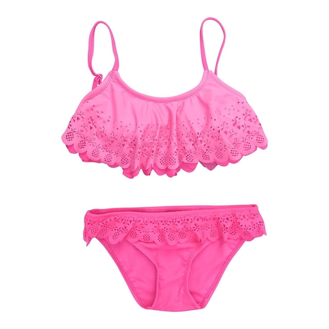 Hiiyo Big Girl's Bikini Swimsuit Eyelet Ruffle Bathing Suit Beach Swimwear,2-Piece