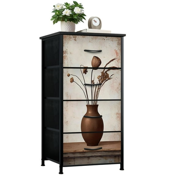Farmhouse Dresser for Bedroom with 4 Storage Drawers Rustic Vintage Brown Floral Chair Still Life Dried Flowers Dressers Chest of Drawers Steel Framed Fabric Closet Organizers for Nursery Entryway