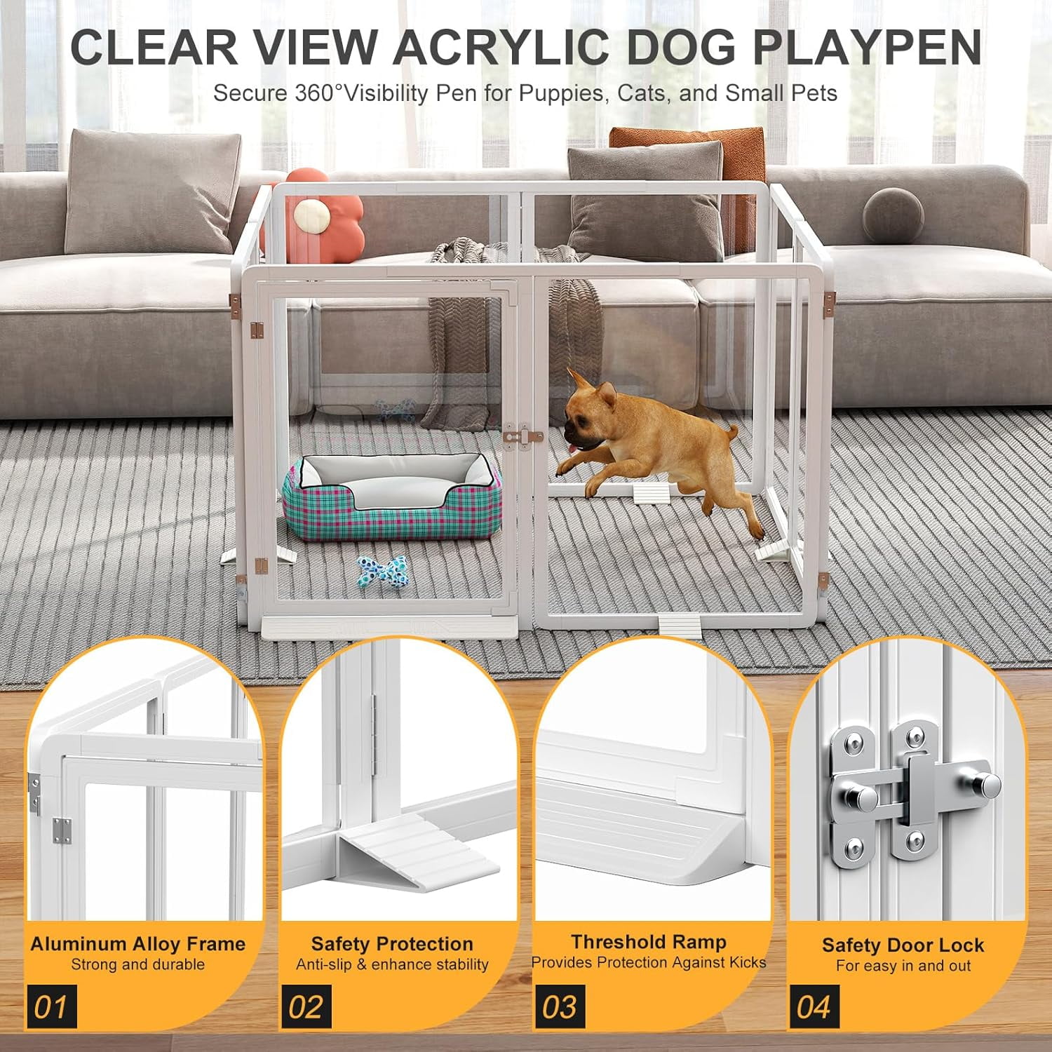 Slsy Indoor Clear Dog Playpen, Foldable Dog Playpen for Puppies, Cats and Small Animals, 26 Inch Clear Pet Puppy Playpen, 8 Panels, White Aluminum Frame