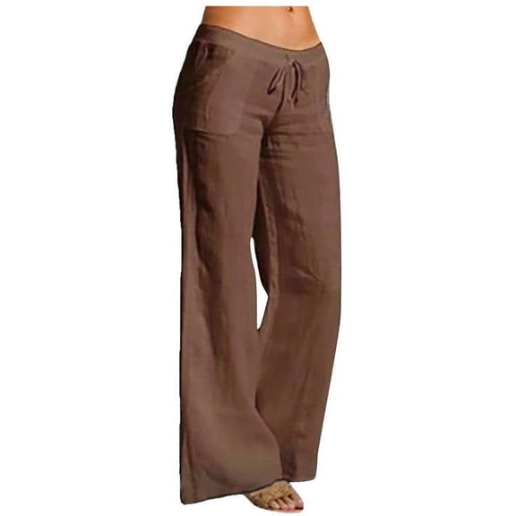 Women's Low Waist Wide Leg Linen Flare Pants Casual Drawstring Loose Plus Size Lounge Trousers with Pockets