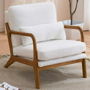 Chair Teddy Velvet Fabric Upholstered Reading Accent Chair with Solid Wood Frame Beige