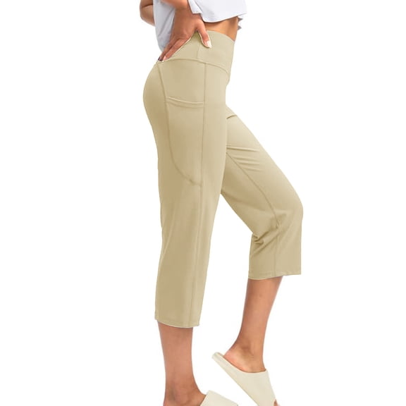 Inglocry Capri Pants for Women High Waisted Yoga Pants with Pockets - Cropped Workout Leggings for Athletic, Casual Summer Light Brown L