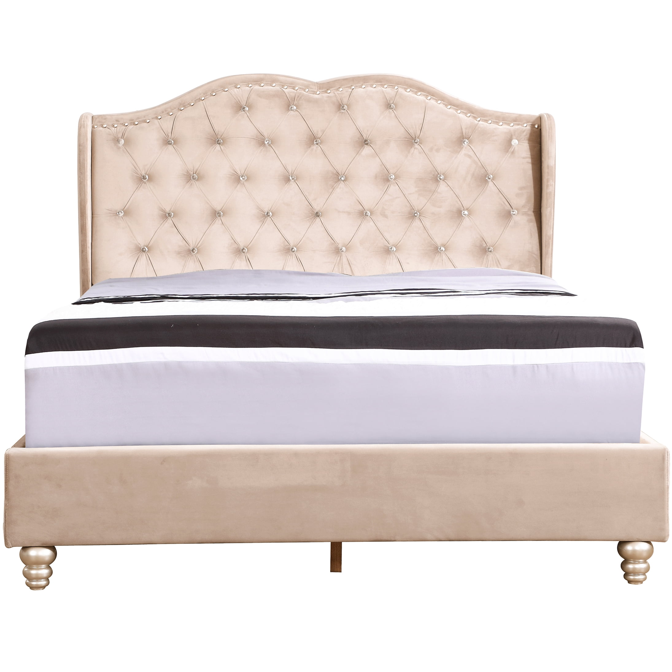 Beige Velvet Upholstered Queen Size Bed Frame with Platform Base and Tufted Headboard, No Box Spring Needed, Easy Assembly Modern Bedroom Furniture