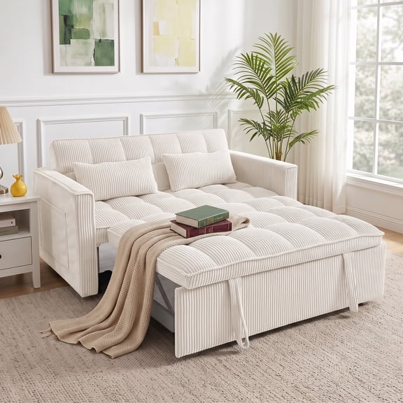 AISWORD Sleeper Sofa Bed, 3-in-1 Convertible Pull Out Couch with Adjustable Backrest for Living Room, Loveseat Sofa Bed with Side Pockets, Beige