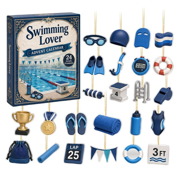 Christmas Swimming Lover Advent Calendar 2026, 24 Days Countdown Blind Box with 2D Acrylic Ornaments, Festive Holiday Surprise Decor for Tree & Home