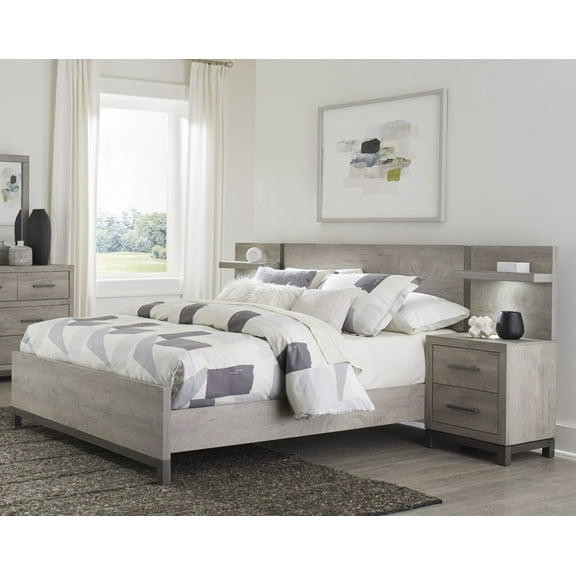 Modern Sleek Design 5pc Set Bedroom Furniture Queen Bed and Two Nightstands with LED Light Wall Panels Light Gray Finish
