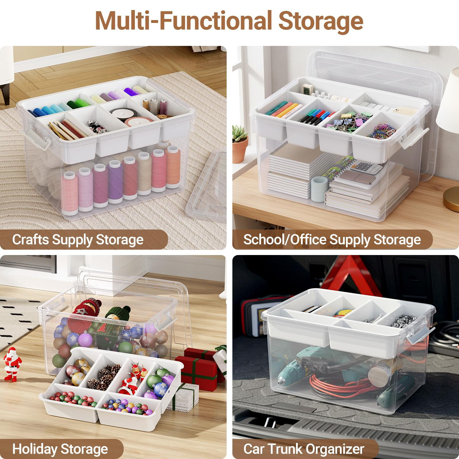 Hometuk 40Qt Stackable Storage Bins with Lids & Trays, Clear Plastic Latching Boxes Organizers with Dividers Portable 10Gal Containers for Arts & Crafts, Home and Car Trunk Organization, 2Pack