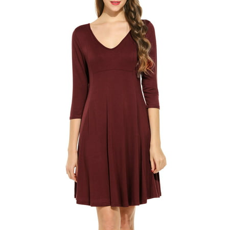 Black Friday SALES Big Clearance！ Women V-Neck 3/4 Sleeve Backless Solid Casual Swing Tunic Dress